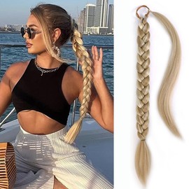 Ash Blonde Braided Ponytail Extensions for Women 24'' Wrap Around Hair Extensions With Hair Tie Mixed Color Synthetic Hair Ponytail Extensions(Mix 24/613, 24 Inch)
