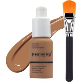 Glamza Set De Base Phoera Con Brocha De Maquillaje - Kit De Base En Crema Mate Con Tono 109 (Moca) Y Aplicador - Corrector De Cobertura Total - Control De Grasa Durante 24 Horas - 30 Ml