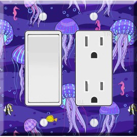 2-Gang Decorator GFCI Outlet Wall plate - Sea jellyfish, tropical fishes, seahorse, waves on dark purple background