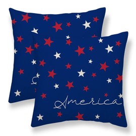 4th of July Pillow Covers 16x16 Set Of 2, Patriotic Blue Background American Red White Stars Decorative Throw Pillows Linen Outdoor Independence Day Cushion Case For Bed Couch Sofa Home Decor