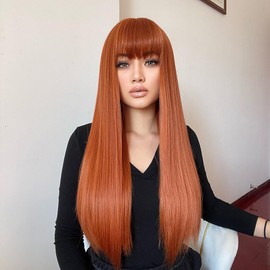 Vibrant Auburn Straight Wig with Full Bangs 28 Heat-Resistant Synthetic Hair