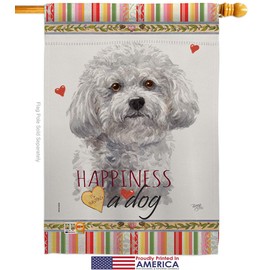 Breeze Decor Dog Bichon Frise Happiness Garden House Flags Kit Animals Puppy Spoiled Paw Canine Fur Pet Nature Farm Animal Creature Small Decorative Gift Yard Banner Made in USA 28 X 40