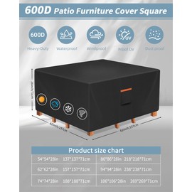 Outdoor Waterproof Furniture Cover, 62W x 62L x 28H inches Heavy Duty 600D Square Table and Chair Set Protection, Black