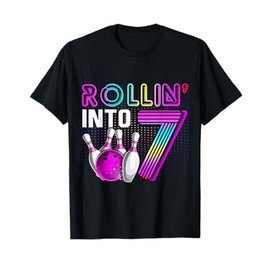Rollin into 7 Bowling Birthday Party 7th Birthday Retro Girl T-Shirt