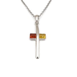 Kiara Jewellery 925 Sterling Silver Multi Colour Amber Modern Curved Cross Pendant Necklace on 18" Sterling Silver Chain.