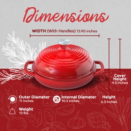 Enameled Cast Iron Bread Pan with Lid, 11” Red Bread Oven Cast Iron Sourdough Baking Pan, Dutch Oven for Bread, No Seasoning Needed -Segretto Cookware