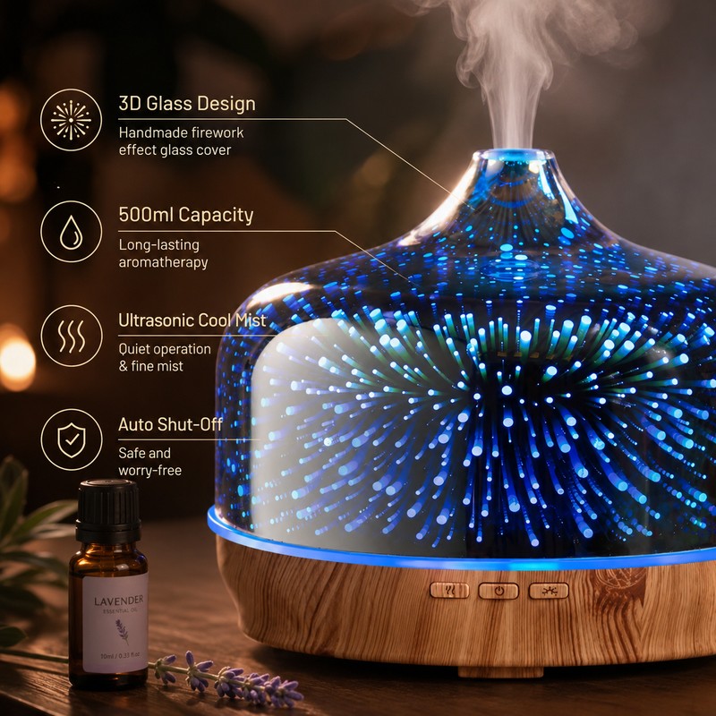 500ml Glass Aroma Diffuser for Bedroom Relaxation – Ultrasonic Cool