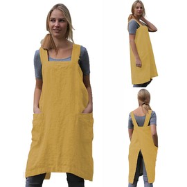 TBA Cotton Linen Apron Cross Back Apron for Women with Big Pockets Square Pinafore Dress for Baking Cooking BBQ & Grill, Yellow, Small