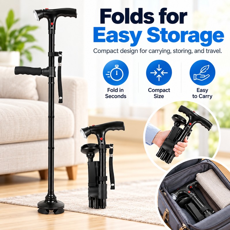 Folding Walking Cane for Seniors with LED Light, Alarm &