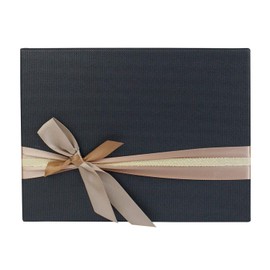 Emartbuy Rigid Luxury Rectangle Shaped Presentation Gift Box, 25.5 cm x 18.5 cm x 11.5 cm, Textured Black Box with Lid, Printed Interior and Gold Beige Satin Decorative Ribbon