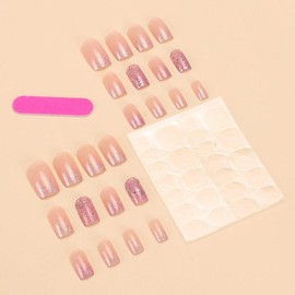 Gradient Glitter Fake Nail Art Kit, 24pcs Short Square Press on Nails for Women & Girls DIY Nail Art, Elegant Stick on Nails Kit