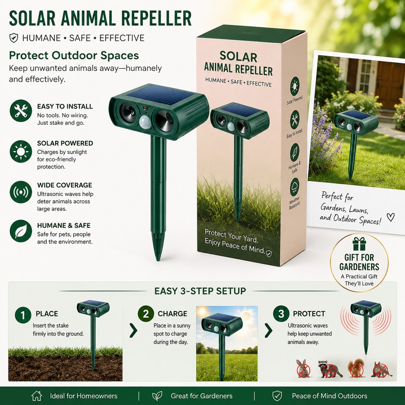 Solar Animal Repeller for Outdoor Use – Ultrasonic Motion Sensor