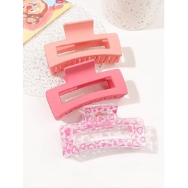 Hemasa 3 Pcs Frosted Cream Color Transparent Fruit Shark Scratch Clip-ins Style Back of Head (Pink)