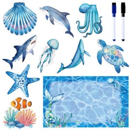 Ocean Cruise Door Magnets, 12 Pcs Under The Sea Animal Magnets with Ocean Waves Message Board and 2 Erasable Pens, Reusable Cruise Ship Cabin Door Decorations, Fridge & Car Decor Set