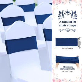 Kinlop 50 Pcs Spandex Chair Sashes Bows Chair Bands Slider Sashes for Covers Elastic Bands Ties Without Buckle Decorations for Wedding Party Events Ceremony Birthday(Navy Blue)