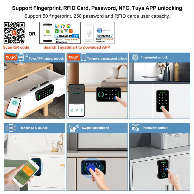 JASAG Tuya Smart APP Fingerprint Drawer Lock Cabinet Door Lock,