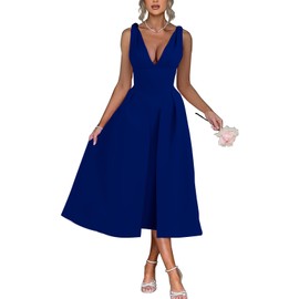 Puhrissimus Womens Sleeveless A-Line Swing Deep V Neck 1950s Retro Wedding Guest Cocktail Party Maxi Dresses Blue XL