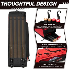 TYRONAL Baseball Bag with Wheels for 4 Bats,Soft Rolling Baseball Bag With Multi-Pockets, Fence Hook, Holds All Equipment. (Red/Blk)