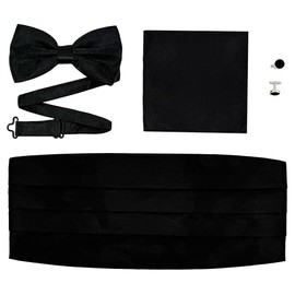 Men's Formal Cummerbund, Bow Tie, Pocket Square, and Cufflinks Set - Black