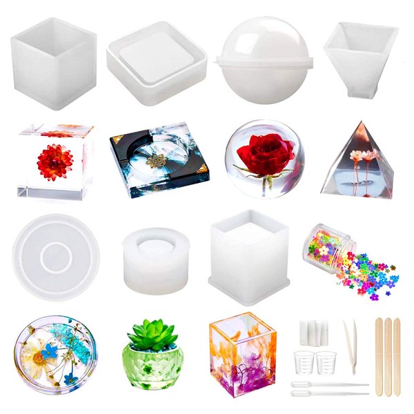 Resin Molds Silicone Kit 20Pcs,Epoxy Resin Molds Including Sphere,Cube,Pyramid,Square,Round, Used