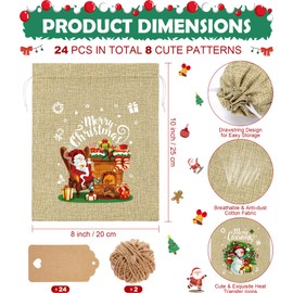 24Pcs Christmas Burlap Gift Bags with Drawstring, 8x10in Christmas Linen Treat Bags w/Tags Goody Gift Bags Medium Jute Xmas Candy Bags Reusable Gift Wrapping Bags Xmas Holiday Party Favors Linen Sack