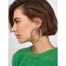 Hoop Earrings for Women Rainbow Rhinestone Pave Hoop Earrings Statement Multi CZ Earrings hoop (color)