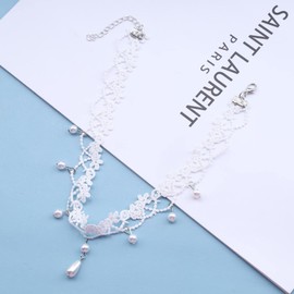 Allereya White Lace Choker Necklace, White Drop Crystal Necklace, Gothic Hollow Lace Necklace, 90s Victorian Tattoo Necklace, Jewelry for Women and Girls (White)