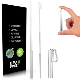 Oiaussie Reusable Metal Straw Collapsible Stainless Steel Drinking Straw Portable Telescopic Straw with Cleaning Brush, Aluminium Case and Carabiner Hook Keychain (Silver)