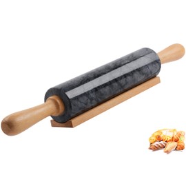 SIPARUI Marble Rolling Pin with Wooden Cradle Thick Handle Set for Baking,18.5 inch Premium Quality Polished Roller for Pizza Dough,Fondant,Pie Crust,Non-Stick Surface Easy to Clean(Black)