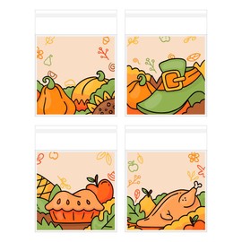 XVYLFZNP 100pcs Thanksgiving Cookie Treat Bags Autumn Turkey Cellophane Treat Bags Fall Self Adhesive Pumpkin Plastic Candy Bag For Holiday Thanksgiving Goodies Wrapping Party Favor
