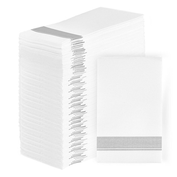PARTY BARGAINS Toallas desechables de papel para invitados (100 unidades) de 13 x 16 pulgadas, color blanco con estampado plateado para baño, servilletas de papel suaves y duraderas para cena, boda y fiesta