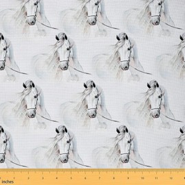 Feelyou White Horse Upholstery Fabric for Chairs, Farmhouse Animal Horse Print Fabric by The Yard, Watercolor Horse Lover Decorative Fabric for Upholstery and Home DIY Projects, 1 Yard, White