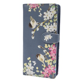 Shag Wear Women's Vegan Leather Slim Trendy Clutch Wallet with 11 Credit Card Slots, Clear ID Window and Zipper Coin Pocket, (Chikadee Garden, Dark Grey)