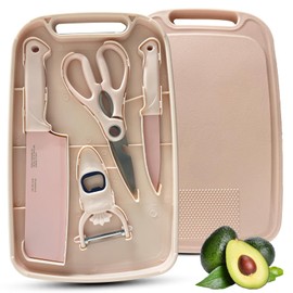 Cutting Board and Knife Set, 5 In1 Travel Cutting Board And Knife Travel Cutting Board Kitchen Scissors and Peeler For Kitchen (Pink)