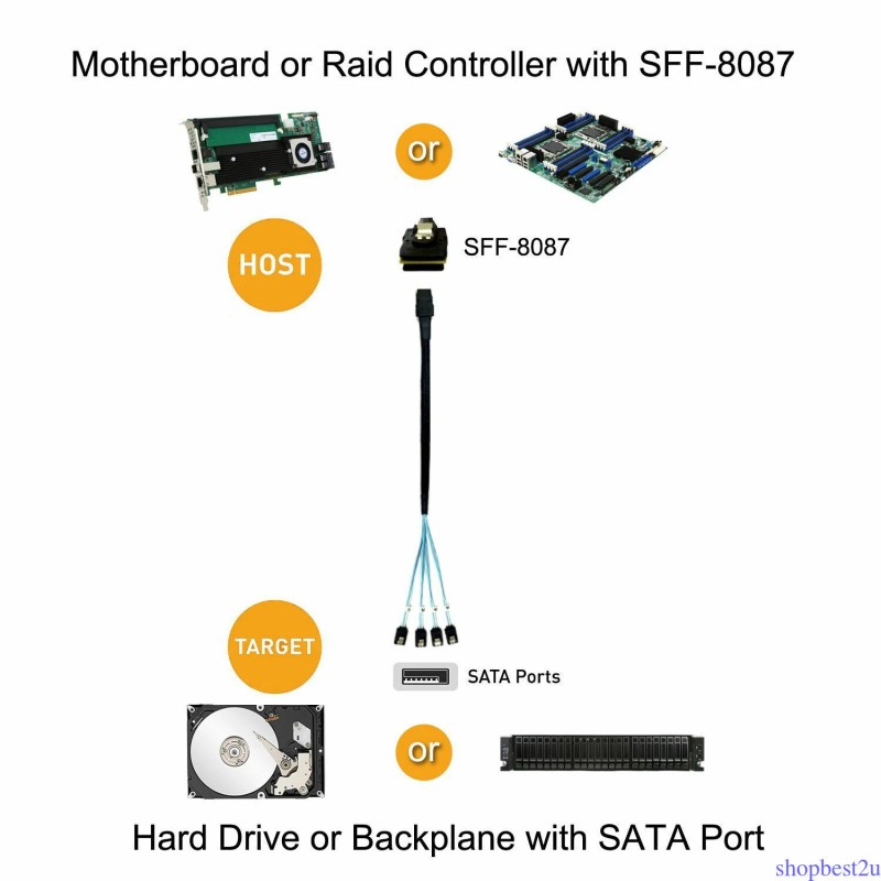 Unbranded 2x Mini SAS 10Gbps SFF-8087 36Pin to 4 SATA