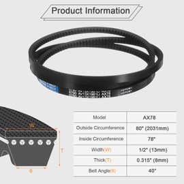 sourcing map 4Pcs AX78 EPDM V-Belt, Raw Edge Cogged Industrial Rubber V Belt 1/2" Width x 80" Outer Circumference