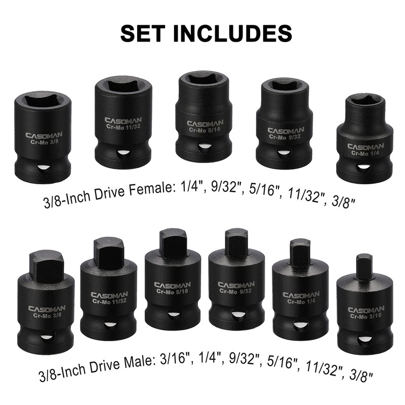 CASOMAN 3/8-inch Drive Pipe Plug Socekt Set, SAE, CR-MO, Tapered