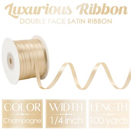 MEEDEE Champagne Satin Ribbon 1/4 Inch Lux Double Sided Satin 100 Yards Spool Thin Gold Ribbon for Crafts, Gift Wrapping, Ornaments, Holiday Decorating, Hair Bow, Wedding, Birthday, Party Supplies