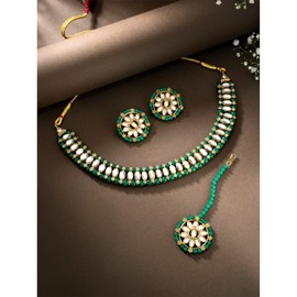 Aheli Traditional Gold Plated Kundan Choker Necklace Round Stud Earring & Maang Tikka Ethnic Jewelry Set Gift for Women Green