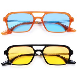 NULOOQ Retro 70s Flat Aviator Sunglasses for Women Men, Vintage Square Small Frame Shades Driving UV400 Protection (Orange/Blue + Black/Yellow) - 2 Pack