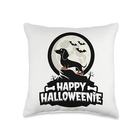Happy Halloweenie Dachshund Moon Bat Cute Weiner Dog Throw Pillow