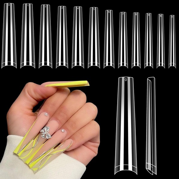3XL NO C Curve Coffin Nail Tips for Acrylic Nails Professional, 504PCS Clear Extra Long Tapered Square Nail Tips, 12 Sizes Straight Press On Gel Nail Tips for Nail Salons Home DIY