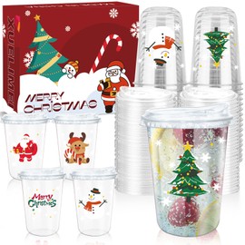 Xuelimei 16oz Christmas Disposable Plastic Cups with Strawless Sip Lids-Xmas Tree Santa Reindeer Snow Cold Drinks, Coffee, Beer, Drinks, Ice Cream, Drinking Cups for Holiday Party Supplies. (50)