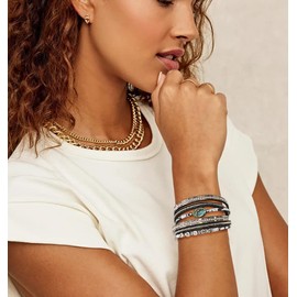 Wowanoo Leather Cuff Bracelet Set 3Pack Multilayer Wrap Bracelet Crystal Feather Bracelet Set with Magnetic Clasp for Women Crystal Circle