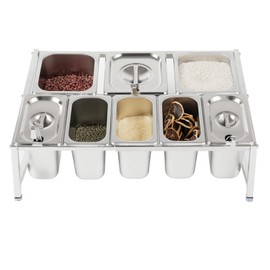 SNKOURIN Expandable Spice Rack, 2-Tier Stainless Steel Organizer Shelf with Pans Ladles Lids, Countertop Holder for Sauce Ingredients Fruits, for Kitchen Use (5 x 1/9 Pans + 3 x 1/6 Pans)