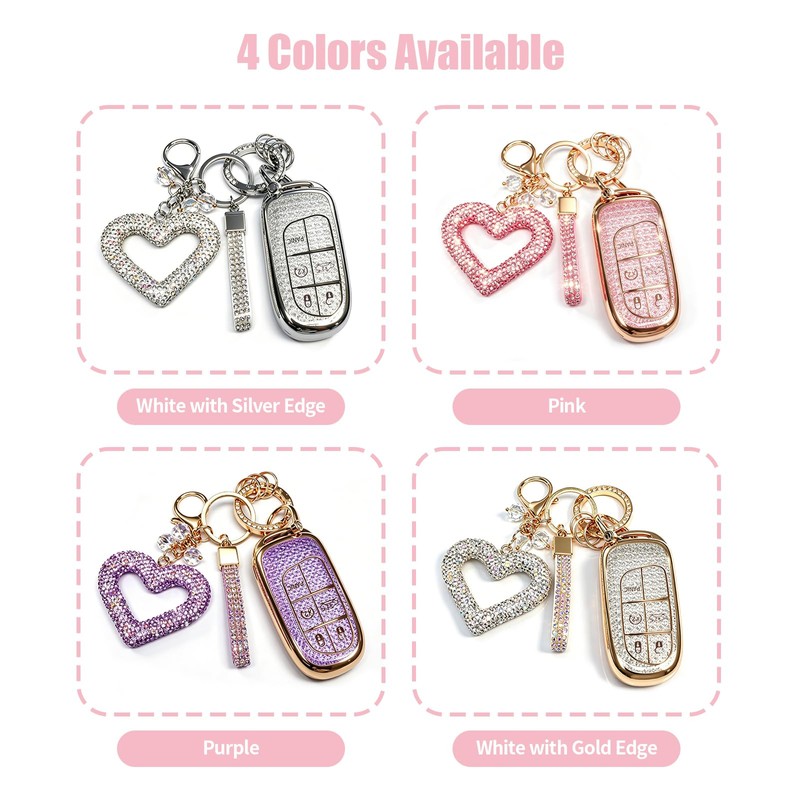 Erivis Bling Key Fob Cover with Heart Keychain for Jeep/Dodge/Chrysler
