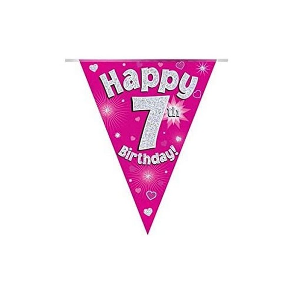Party Bunting Happy 7th Birthday Pink Holographic 11 flags 3.9m