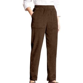 LOVESHOOT Brown L Corduroy Pants for Women Elastic High Waist Pull On Straight Leg Slacks Casual Comfy Fall Winter Trousers with Pockets