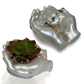 Decor Hand Sculpture – Resin Hands Boho Decor for Home, Coffee Table & Shelf – Decorative Bowl for Keys, Jewelry, Candles or Plants – Copper, Green & White Colors