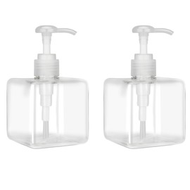 Jansburg - Dispensador de botellas de 250 ml (8.5 onzas), paquete de 2 dispensadores de loción de plástico cuadrado rellenables, para aceite esencial, jabón, loción, champú, baño, viajes, transparente